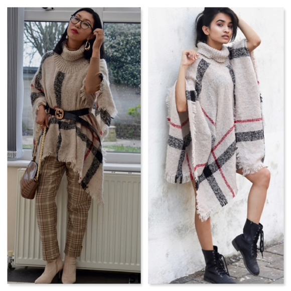 Plaid Beige Turtleneck Poncho - Picture 11 of 11